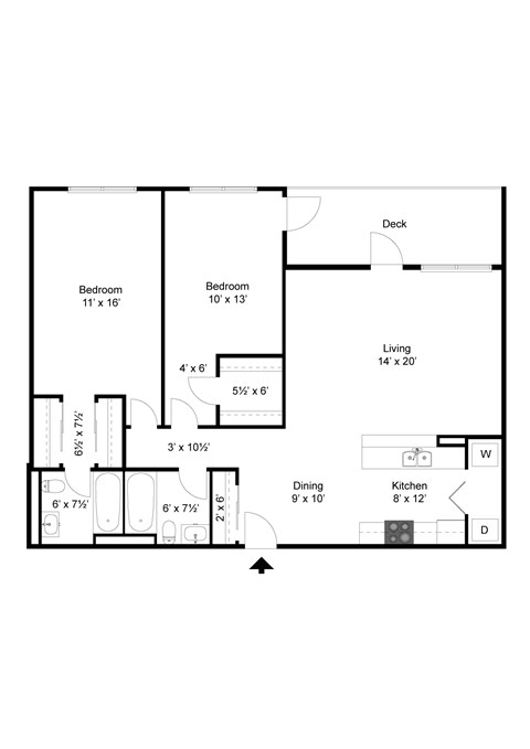 Floor plan for 2 beds, 2 baths, 1134 sqft